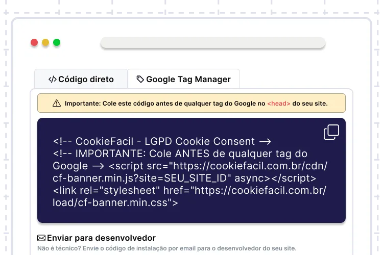 Snippet JavaScript do CookieFácil pronto para copiar e colar no site