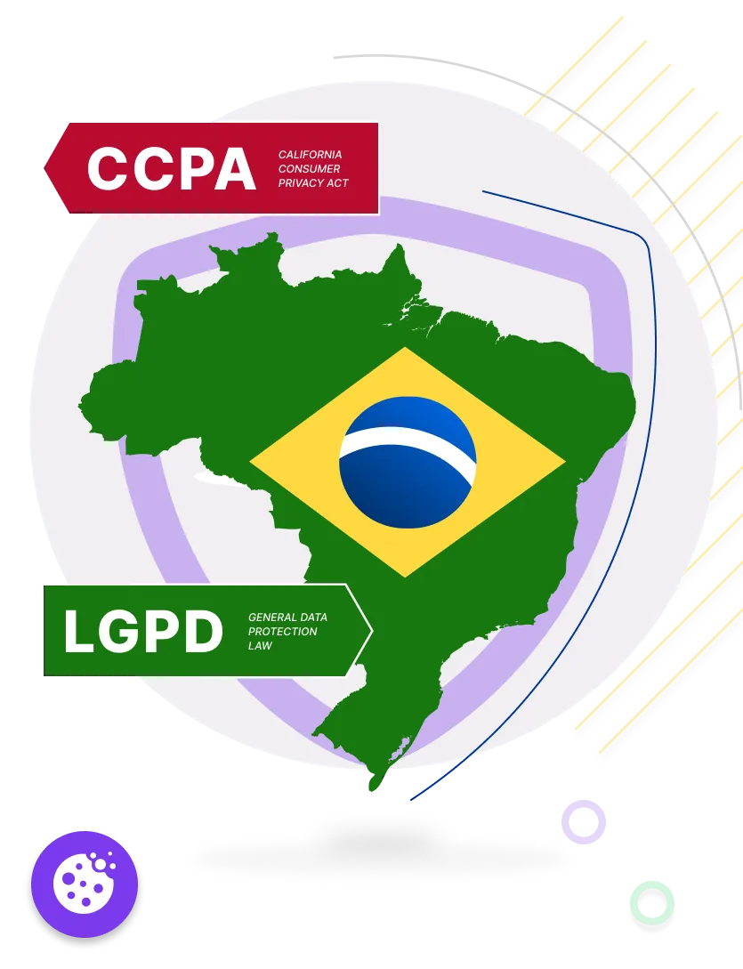 LGPD vs CCPA — ilustração comparando opt-in obrigatório da LGPD (Lei 13.709/2018, Brasil) com o modelo opt-out da CCPA (California Consumer Privacy Act), fiscalizadas pela ANPD e CPPA respectivamente
