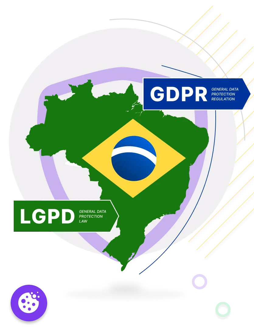 LGPD vs GDPR — shield with Brazil map illustrating data protection compliance under Lei 13.709/2018 (LGPD) and the General Data Protection Regulation (GDPR), enforced by ANPD and EU DPAs
